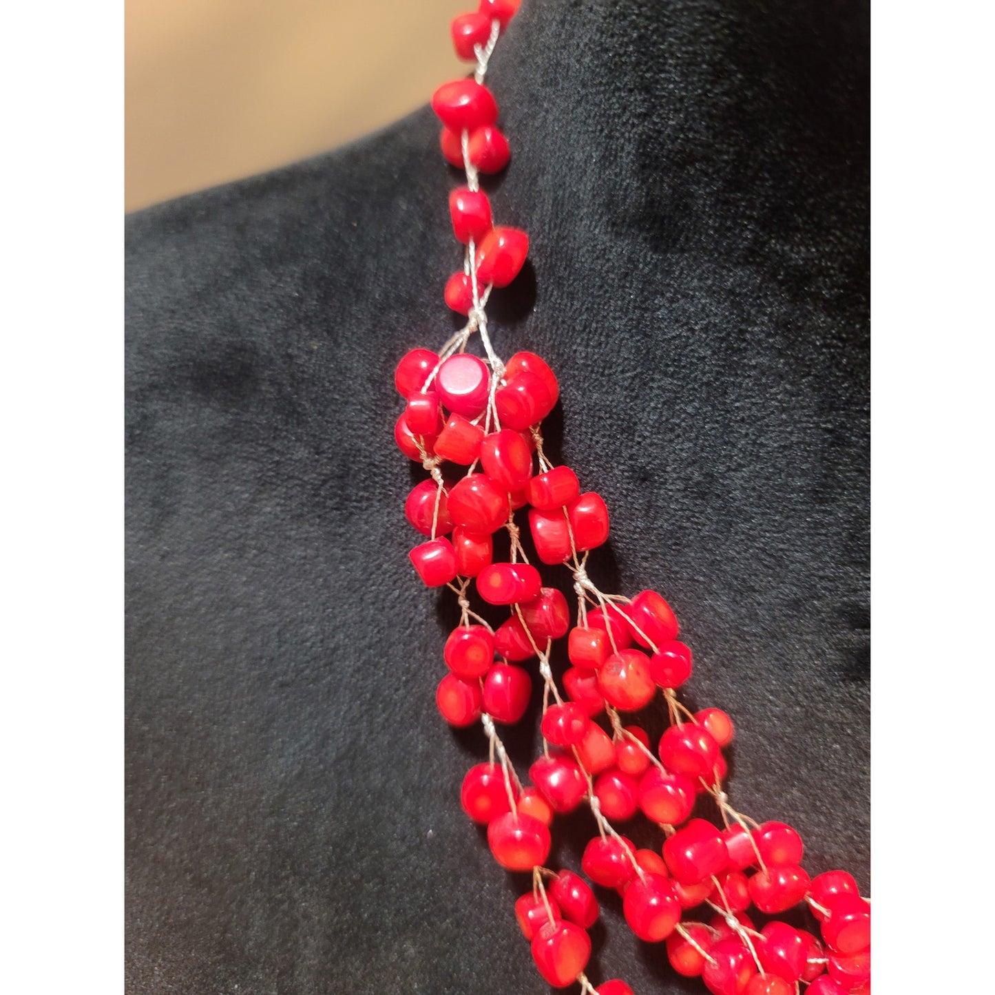 Women's Red Beaded Multi Strand Necklace With Lobster Clasp Handmade Jewelry