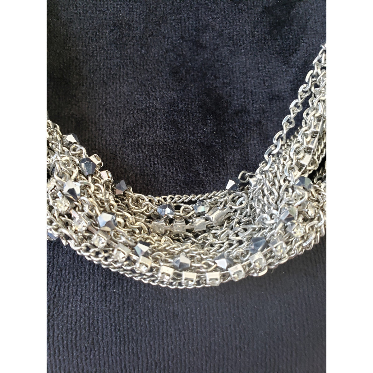 Womens Silver Tone Multi Strand Chains Rhinestone Strings Statement Necklace
