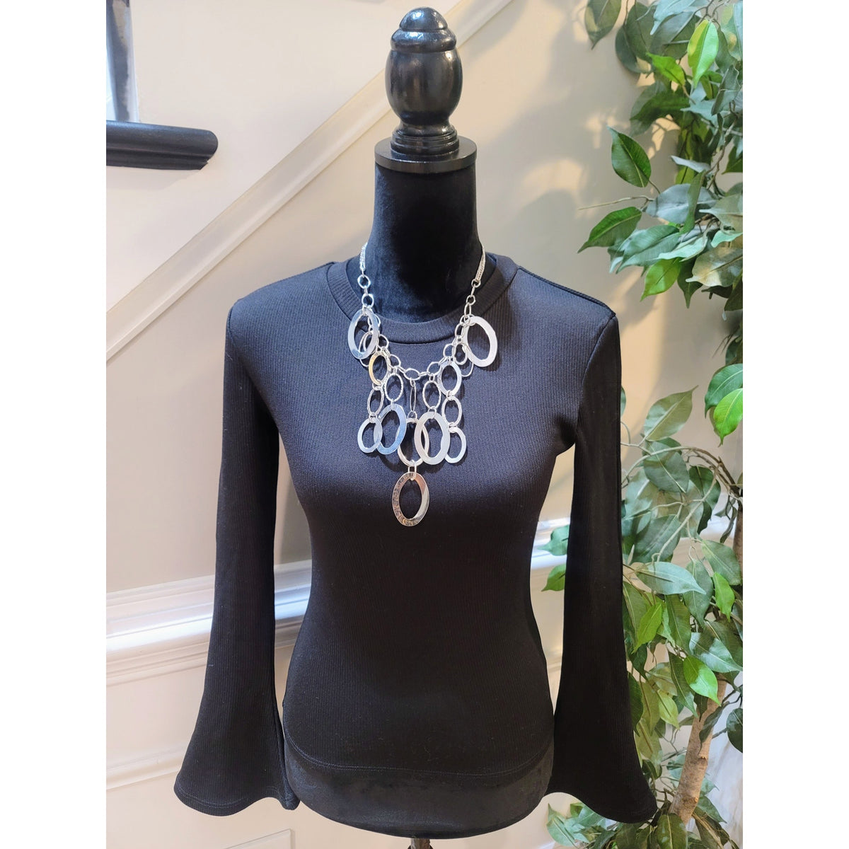 Glam Pullover Sweater Womens Small Black Ribbed Bell Cuff Crew Neck Flare Sleeve