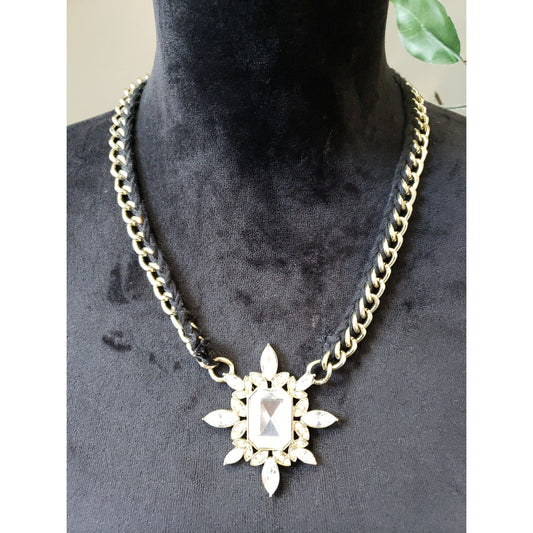 Women's Gold Chain Crystal Pendant Necklace Lobster Clasp Black Cord Accent