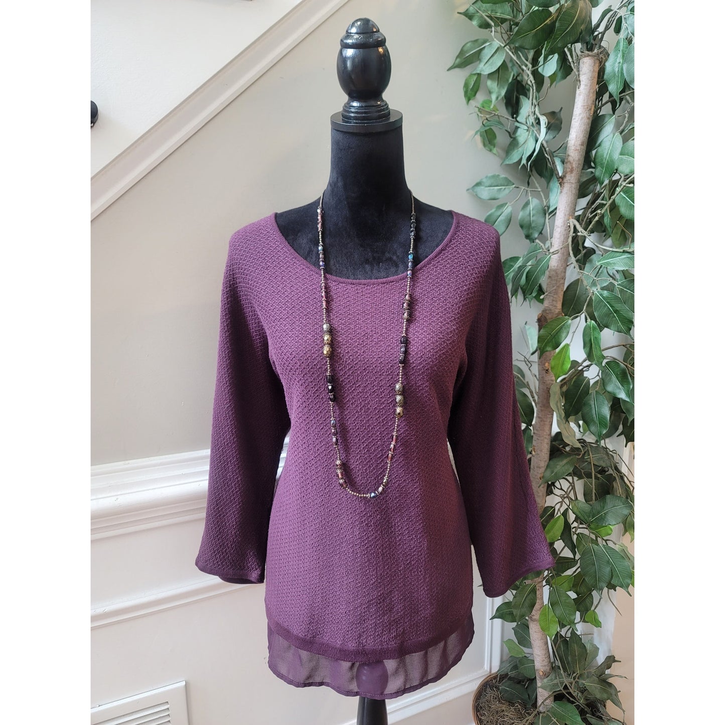 Chico's Sweater Women's Size 2 Large Purple Sheer Hem Knit Stretch Long Sleeve