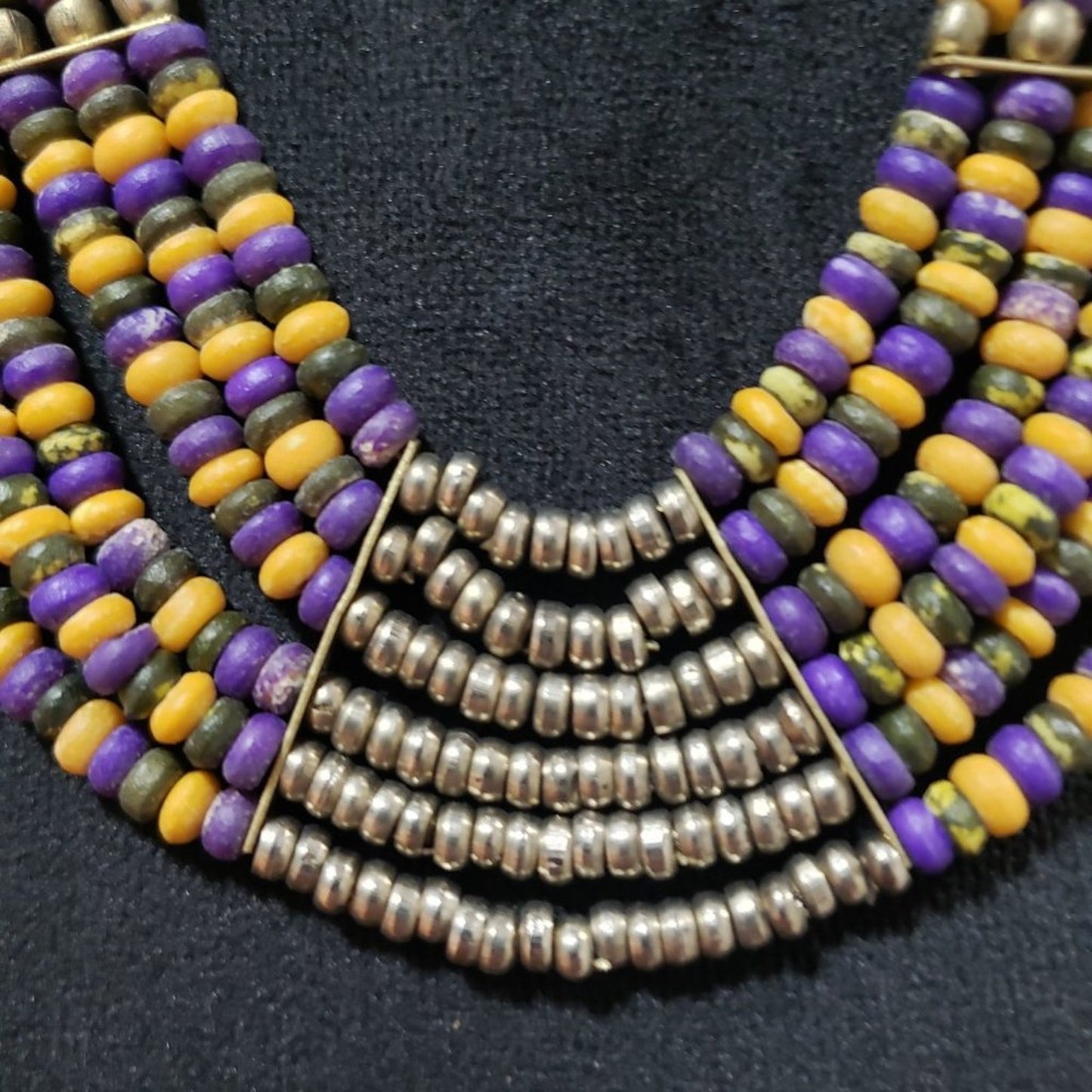 Womens Fashion Multi Rondelle Wood Bead Tibetan Bib Necklace with Pearl Clasp