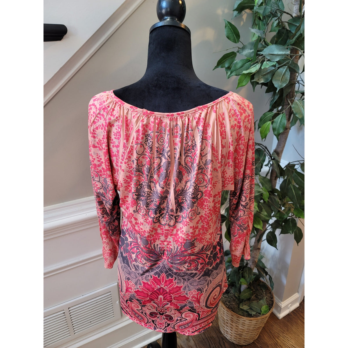 One World Blouse L Multi Paisley Stretch Lace Heart V-Neck Raglan Sleeve Party