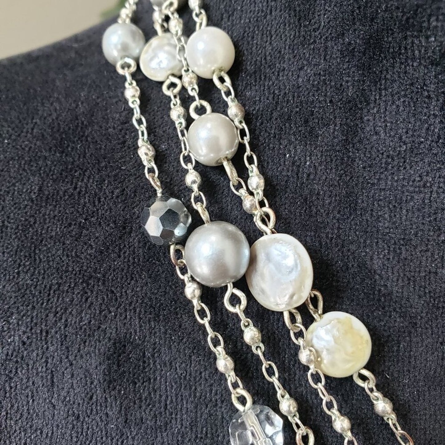 Women 4 Strand Silver Tone Silver Balls Faceted Smokey Bead Cable Chain Necklace