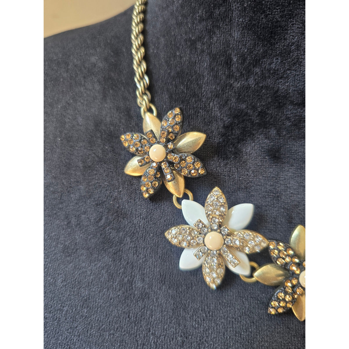 Gold Tone Ivory Floral Rhinestone Statement Necklace