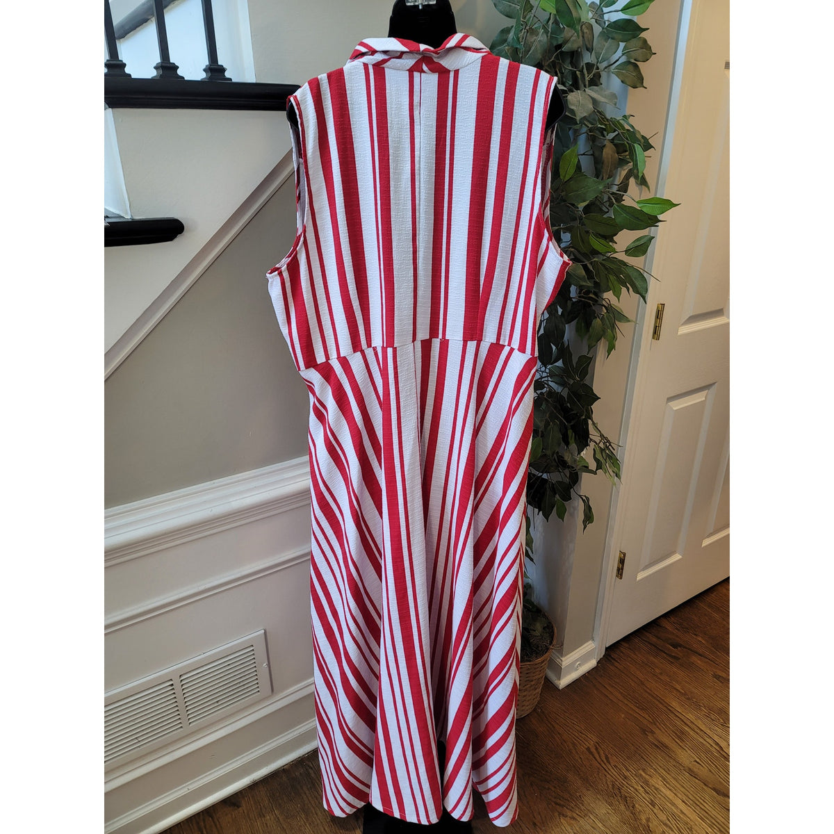 Ashley Stewart Maxi Dress Womens 22 Red White Striped Shawl Lapel Party/Cocktail