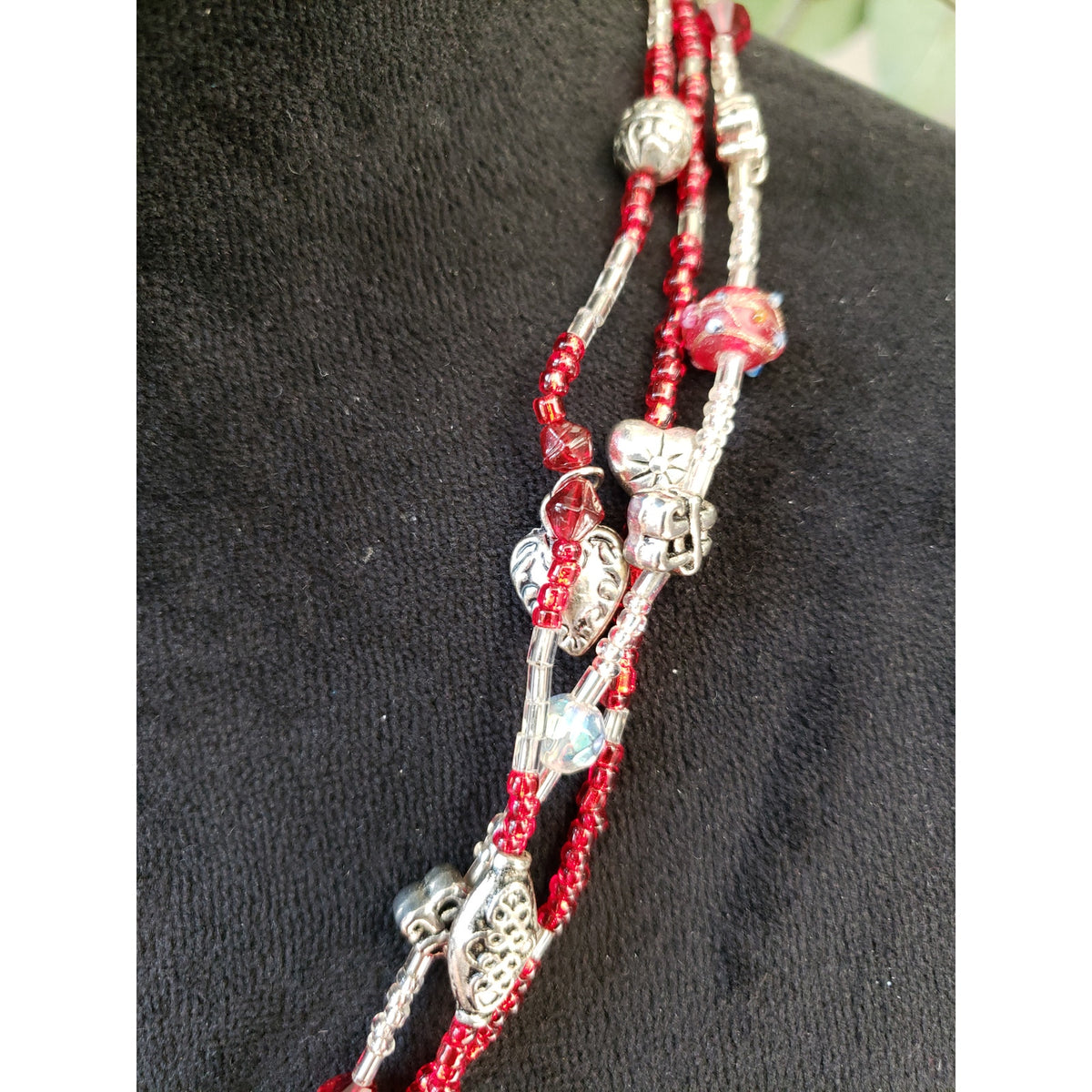 Red & Silver Tone Multi Strand Beaded Necklace Heart Locket Pendant Boho Style