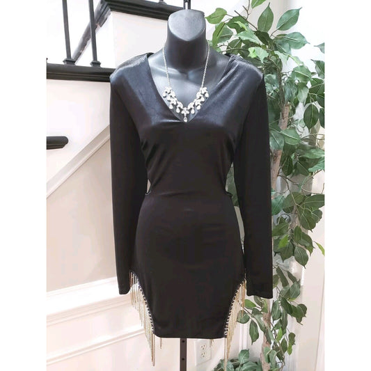 Hot & Delicious Womens Black Fringe Detail Cutout Polyester Bodycon Dress Size L