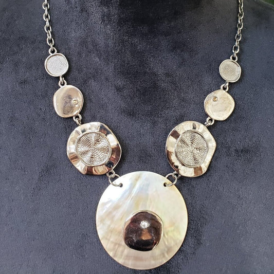 Womens Fashion Silver Tone Hammered Round Medallion Necklace with Lobster Clasp