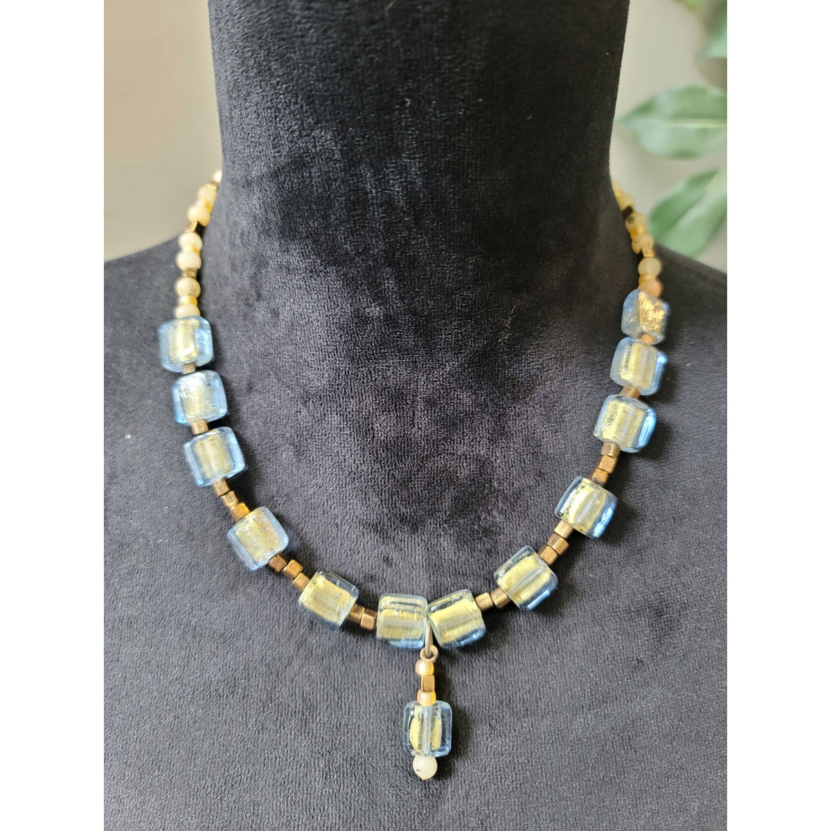 Women's Blue And Gold Glass Beaded Necklace With Barrel Screw Clasp Lock