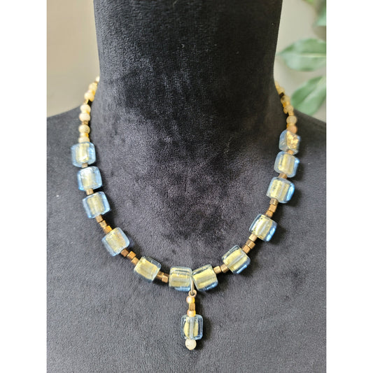 Women's Blue And Gold Glass Beaded Necklace With Barrel Screw Clasp Lock
