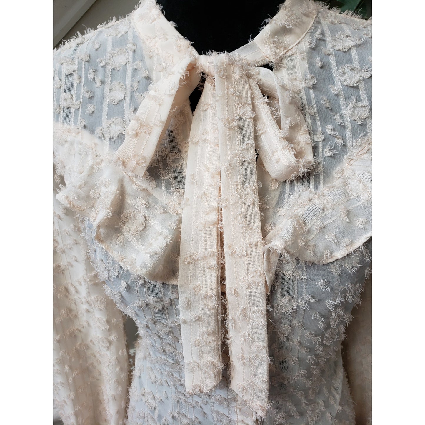 Listicle Button Down Shirt Womens Medium Beige Lace Sheer Tie Neck Long Sleeve