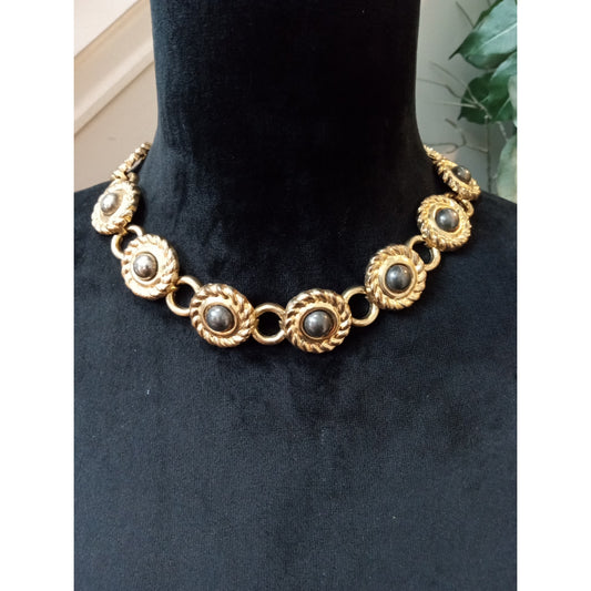 Vintage Gold Tone Black Cabochon Statement Necklace Textured Link Choker