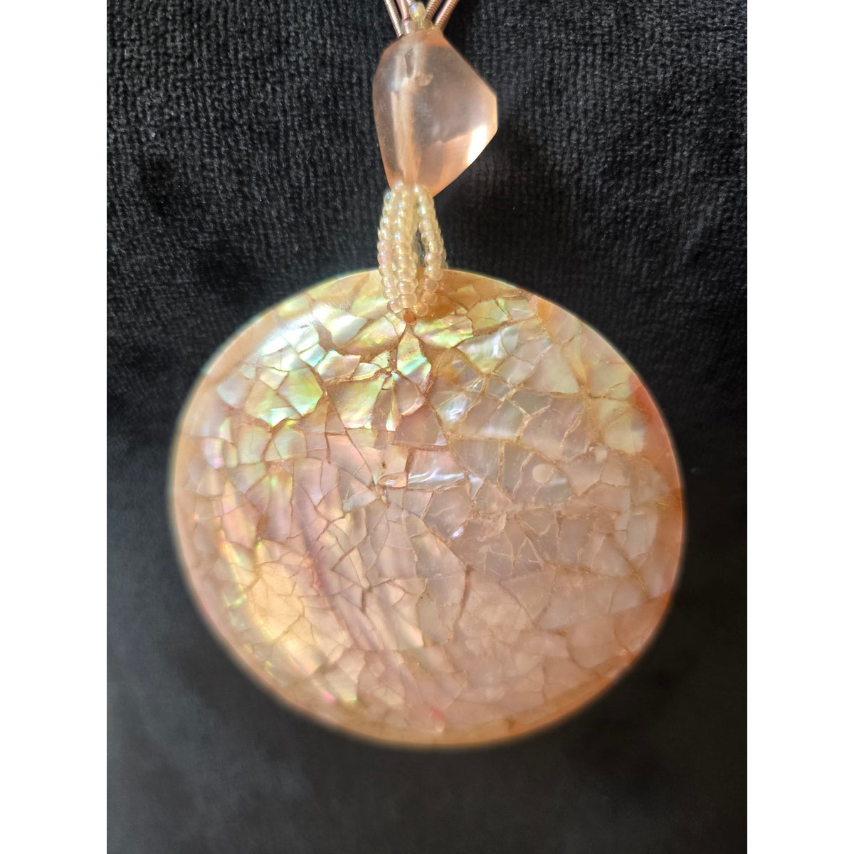 Brown Multi Strand Cord Iridescent Shell Pendant Statement Necklace
