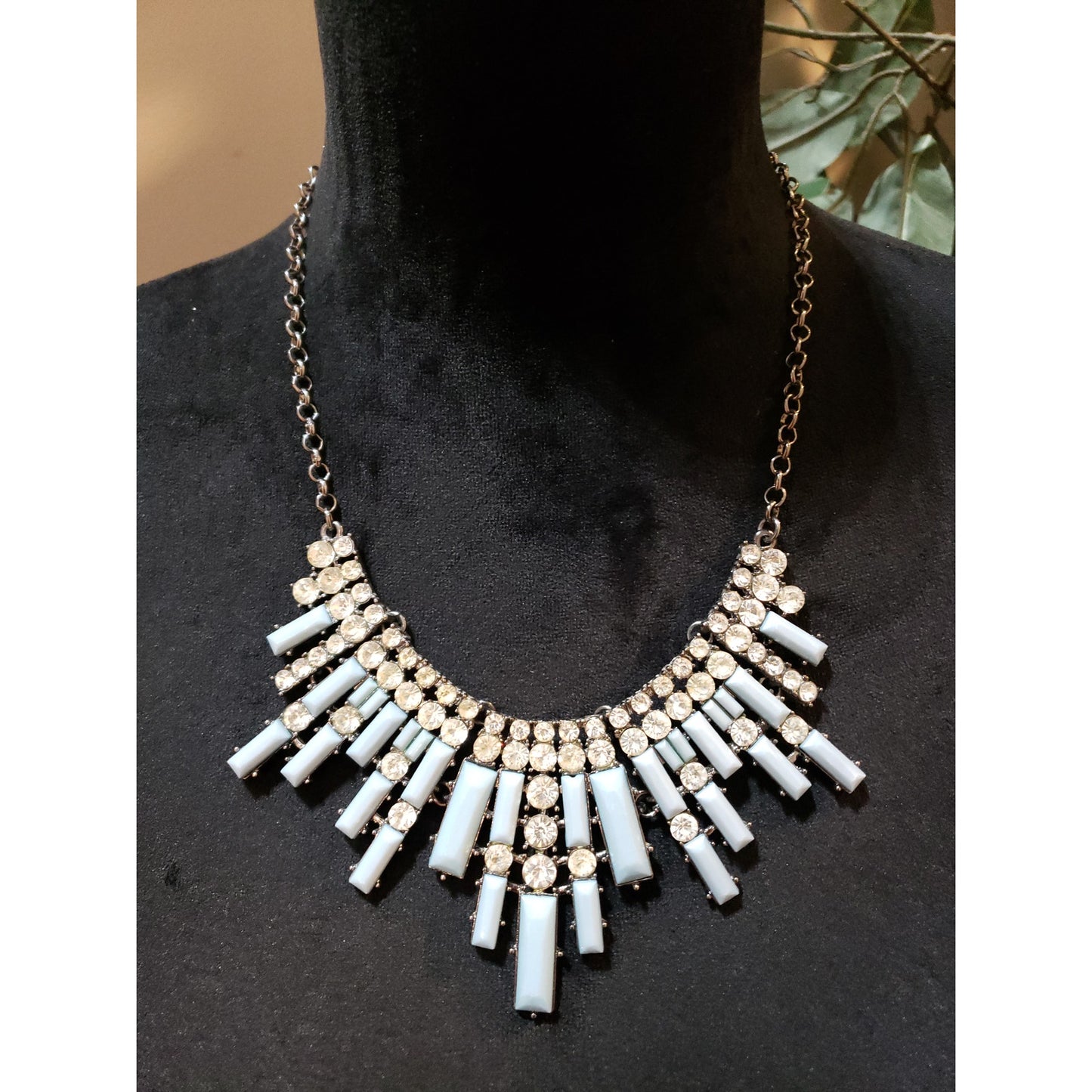 Womens Light Blue Plastic Stones Rhinestone Bling Statement Necklace Jewelry