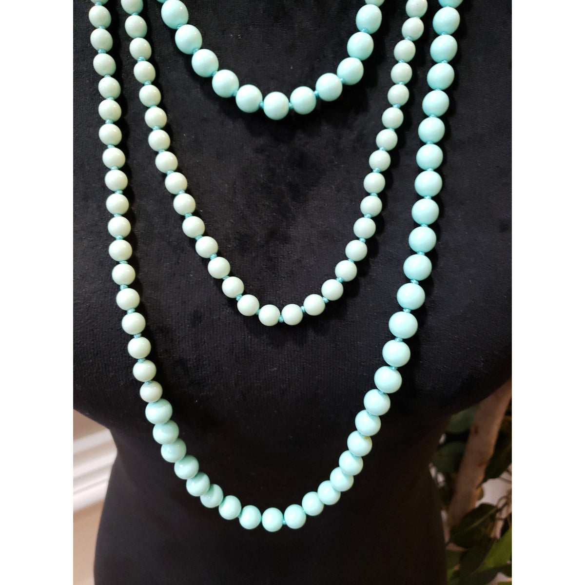 Women Fashion Turquoise Ball Beaded Hand Knotted Tri-fold Long Necklace Jewelry