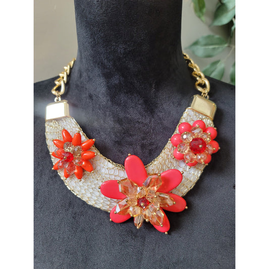 Women's Coral Floral Necklace and Earring Set with Gold Chain and Flower Accents