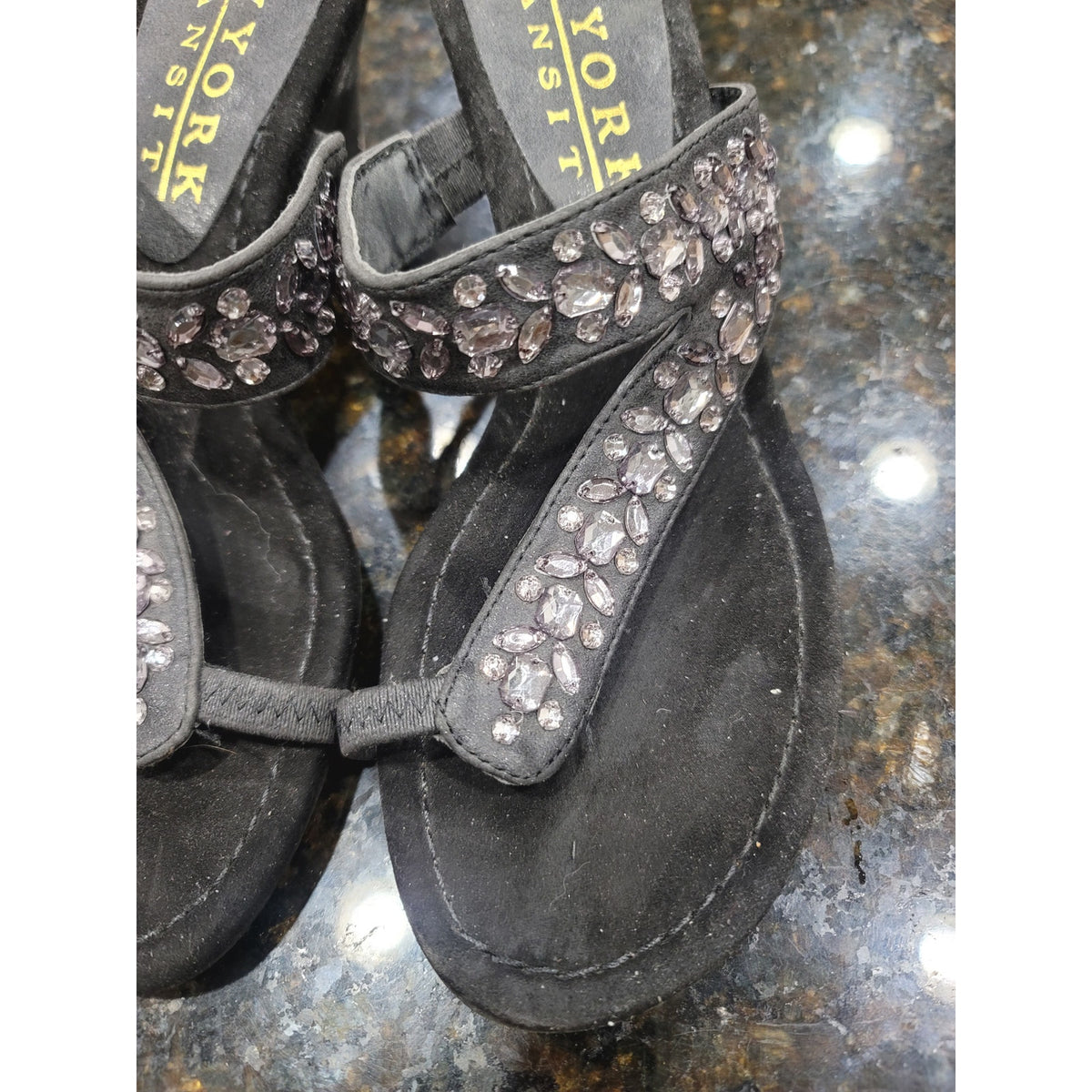 New York Transit Bling Wedge Sandals Womens Size 8M Black Crystal Stone Slip On