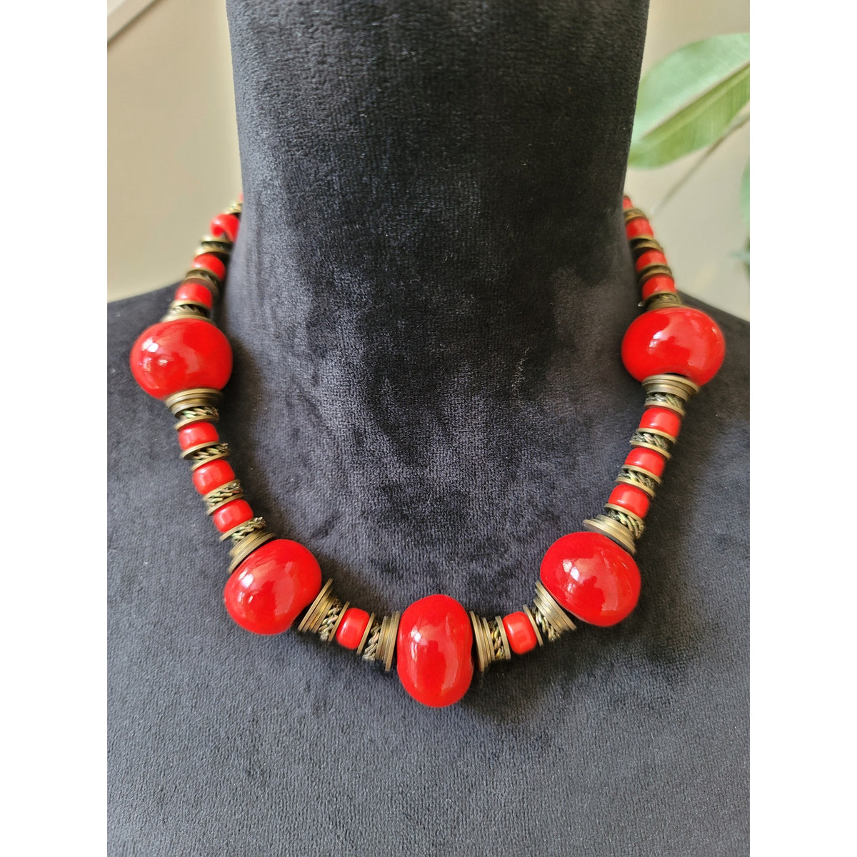 Women's Chunky Red Beaded Statement Necklace With Antique Brass Hook Lock Design
