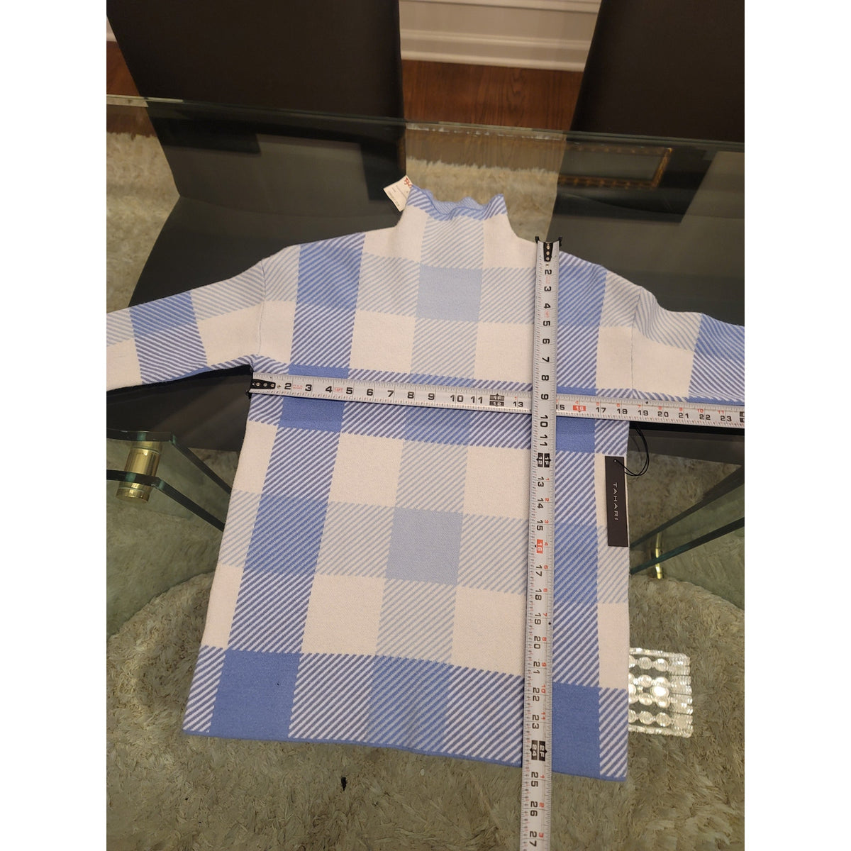 Tahari Pullover Sweater Women's Small White/Blue Gingham Long Sleeve Mock Neck