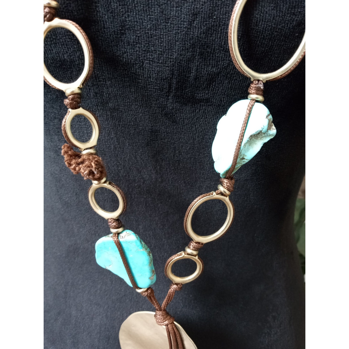 Chico's Turquoise Shell Pendant Ring Link Statement Necklace Boho Long Necklace