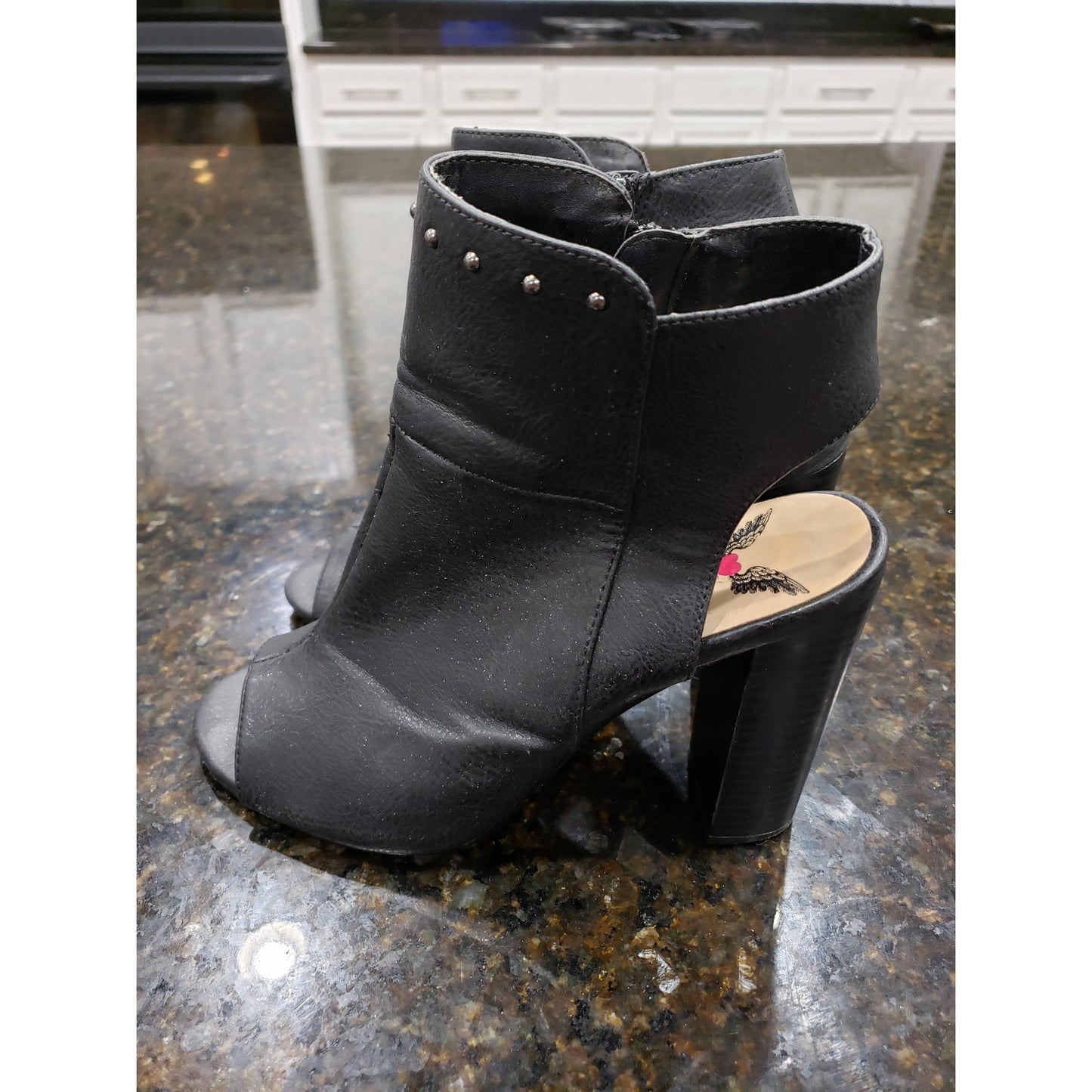 Penny Loves Kenny Ankle Boots Womens Size 7.5M Black Leather Studded Open Toe