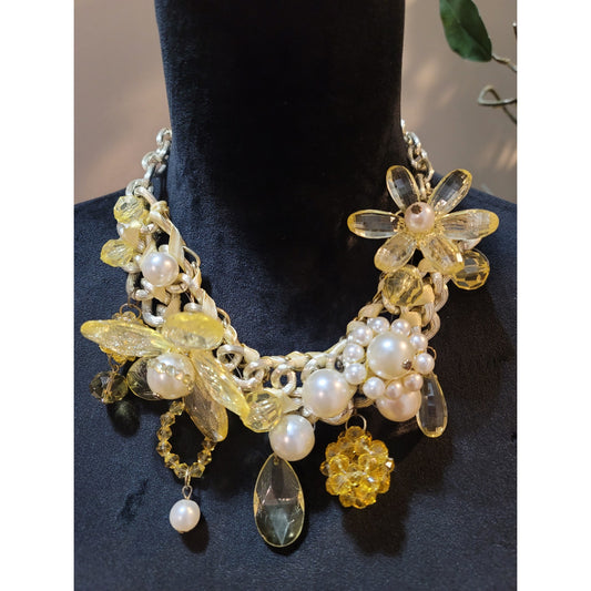 Yellow Floral Pearl Choker Necklace with Crystal Accents and Unique Design