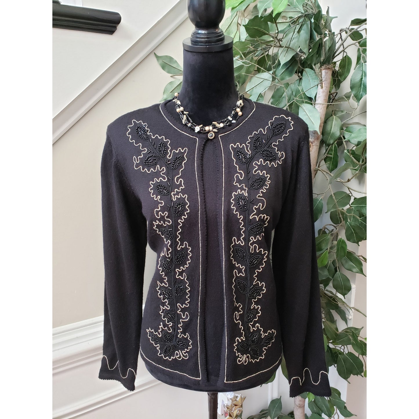 Alfred Dunner Cardigan Sweater Womens Petite M Black Layered Embroidered Beaded