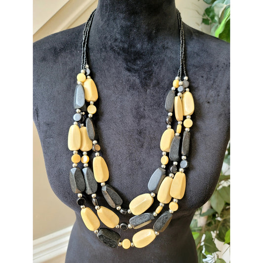 Black & Tan Wooden Beaded Multi-Strand Necklace Layered Boho Tribal Statement