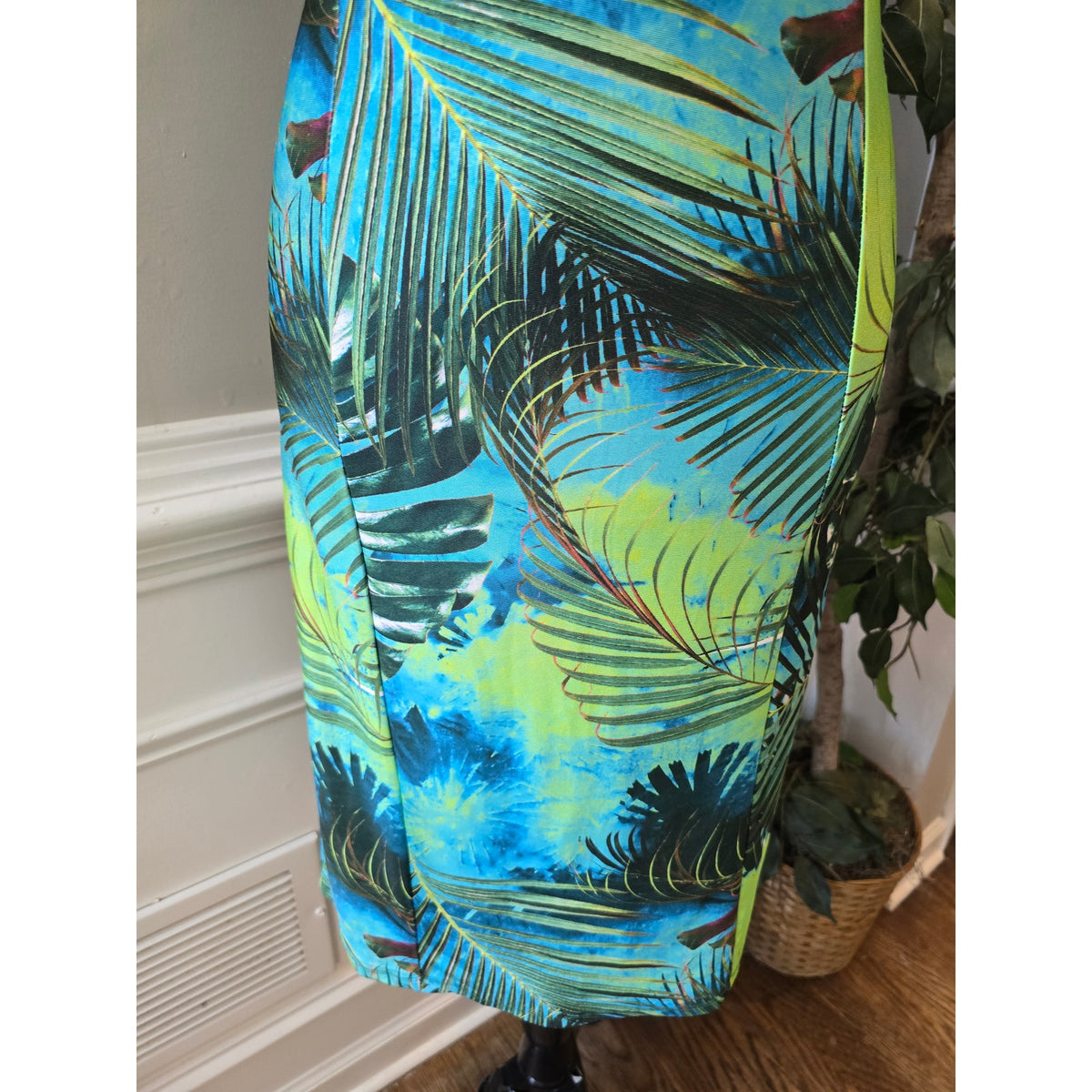 Merci Bodycon Dress Womens Large Multicolor Tropical Palm Padded Spaghetti Strap