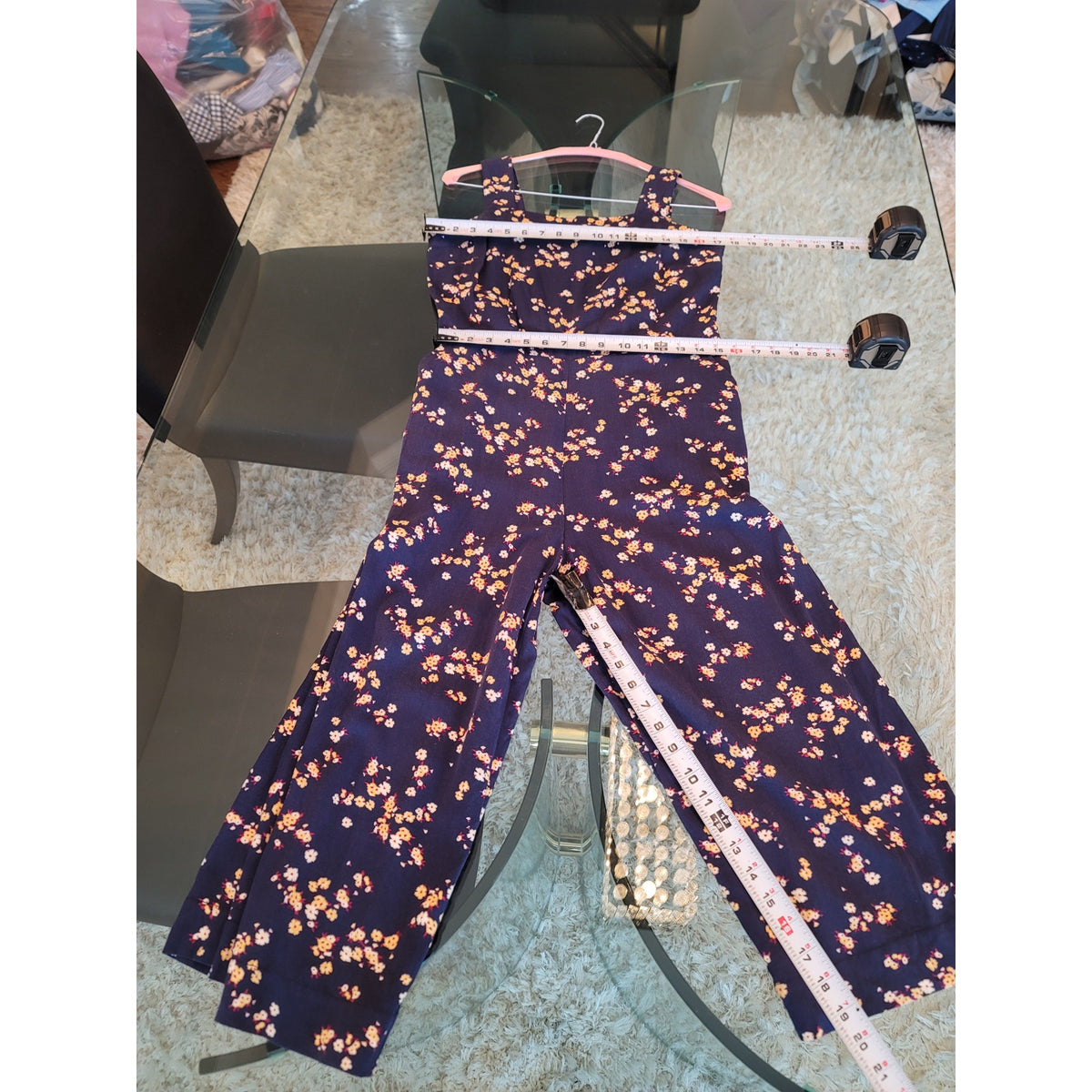 PopSugar Floral Jumpsuit Women's Size Large Navy Square Neck Sleeveless