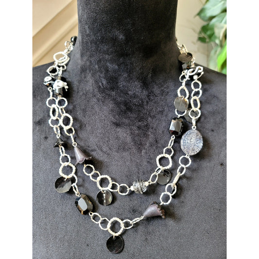 Silver Tone Black Beaded Multi-Strand Chain Necklace Layered Boho Statement