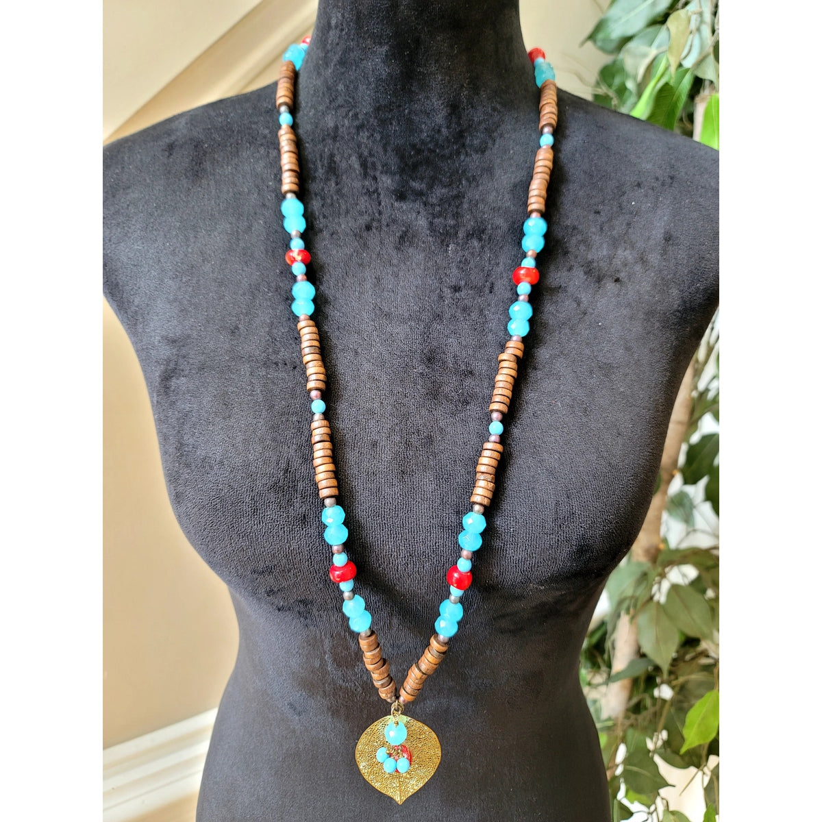 Southwestern Turquoise Coral Beaded Heart Pendant Necklace Boho Western 30"