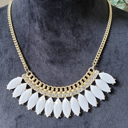 Womens Gold Tone White Enamel Petals Embossed Design Necklace with Lobster Clasp