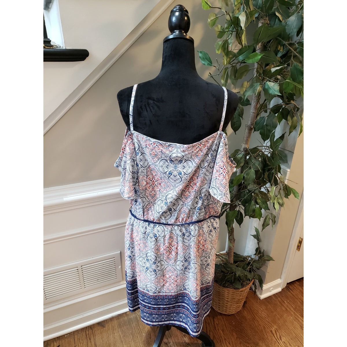 Maurices Dress Women Size X-L Blue Pink Boho Cold Shoulder Wrap Belted