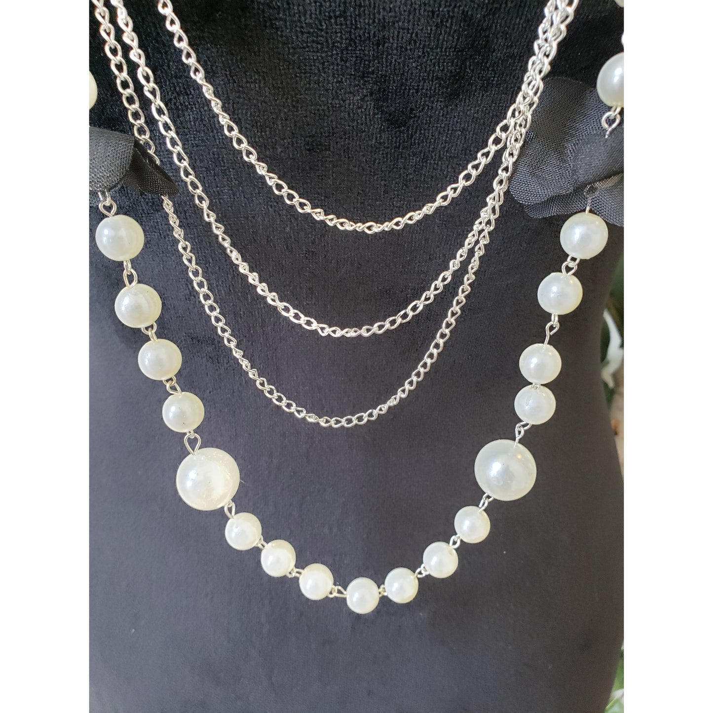 Women Silver Tone Multi Strand Chains Faux Pearl Bead Statement Necklace Jewelry