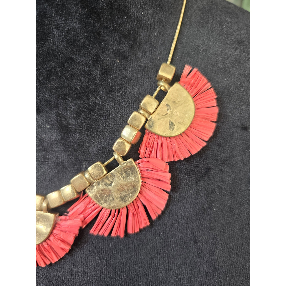Coral Fringe Gold Disc Statement Necklace