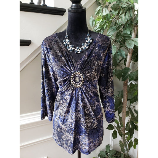 Dressbarn Women's Blue Nylon Casual V-Neck Long Sleeve Top Blouse Size 1X