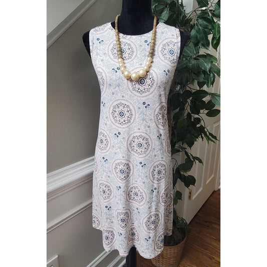 Loft Women's Beige Floral Rayon Round Neck Sleeveless Knee Length Dress Size LP