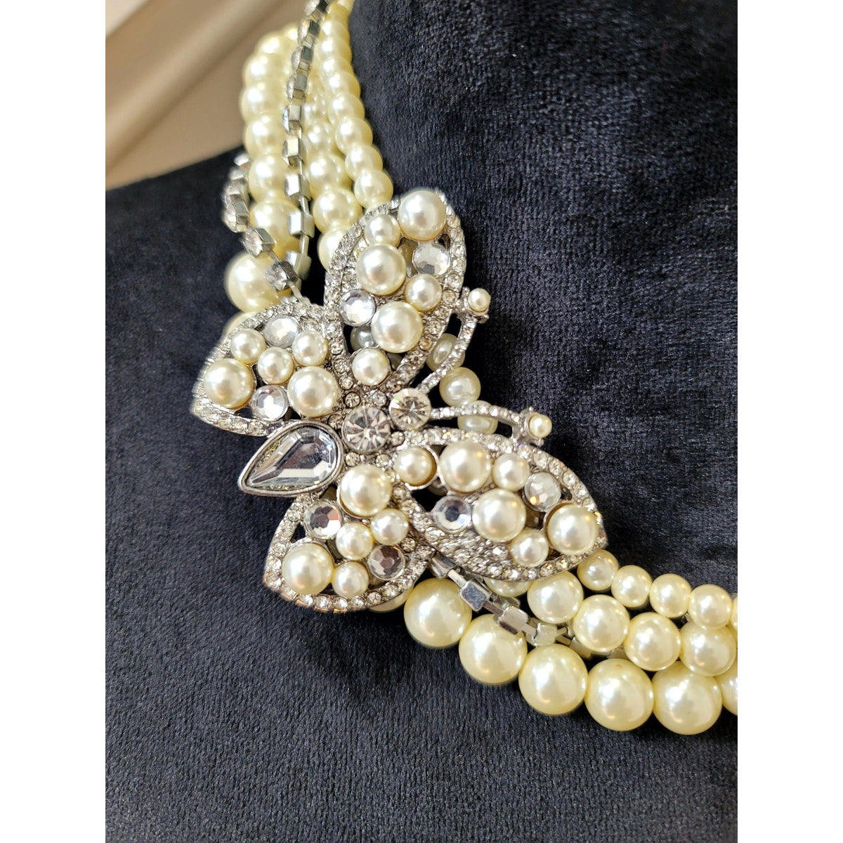 Vintage Faux Pearl Multi-Strand Necklace Rhinestone Floral Clasp Statement