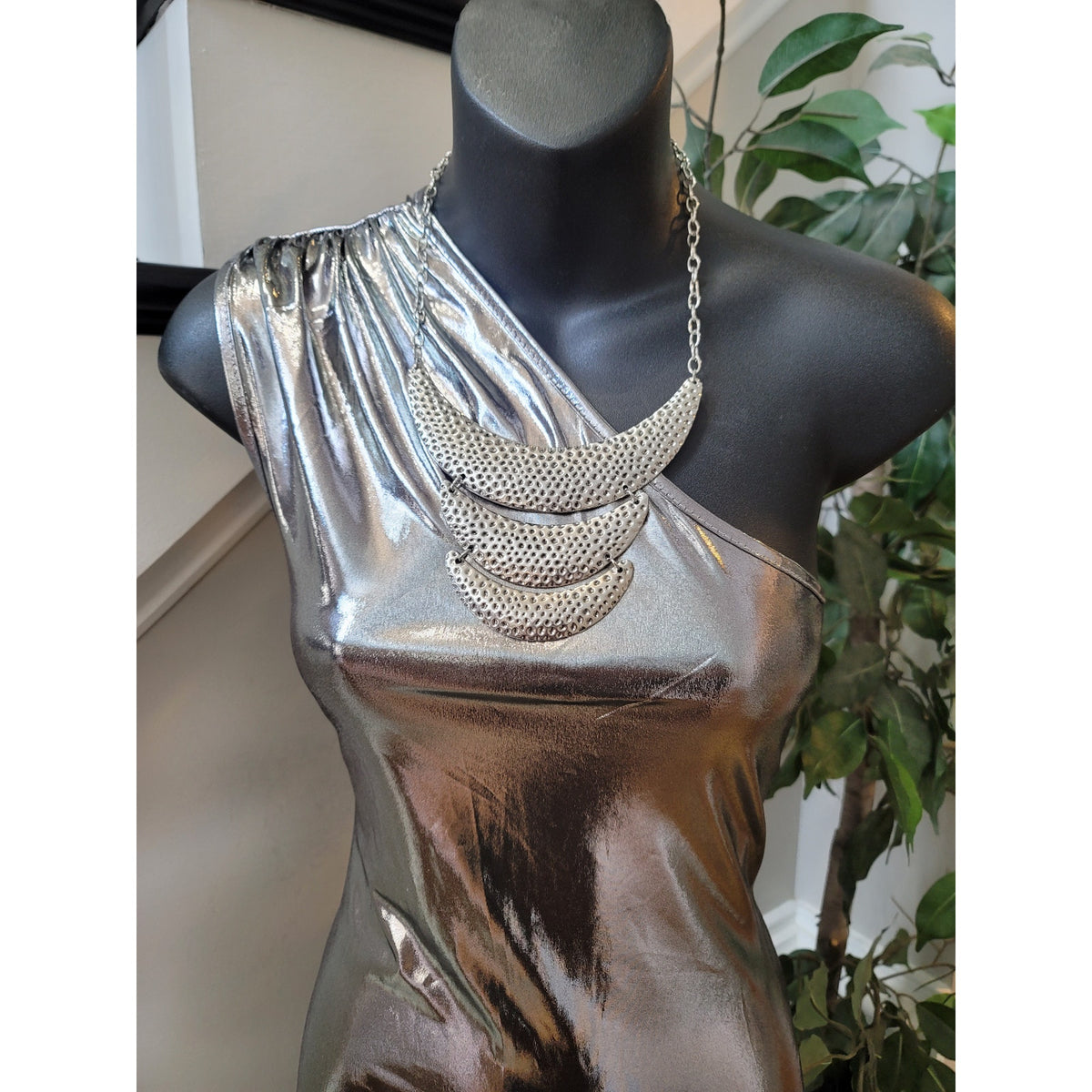 Fashion Nova One Shoulder Jumpsuit Women Large Metallic Silver Club Party Outfit