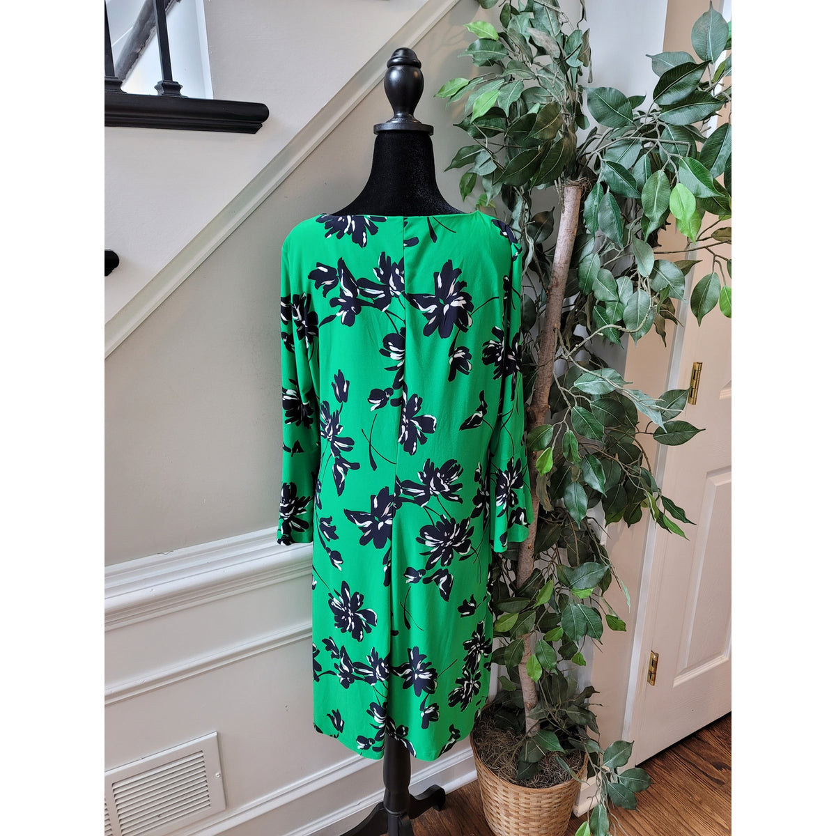 Tommy Hilfiger Dress Womens Small Green Floral Print 3/4 Sleeve Casual Chic