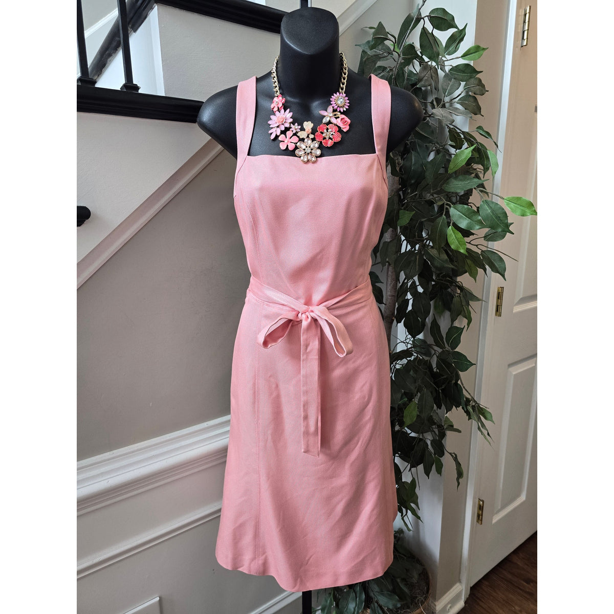 Ann Taylor Sheath Dress Women's Size 8 Pink Tie Waist Square Neck Back Zipper