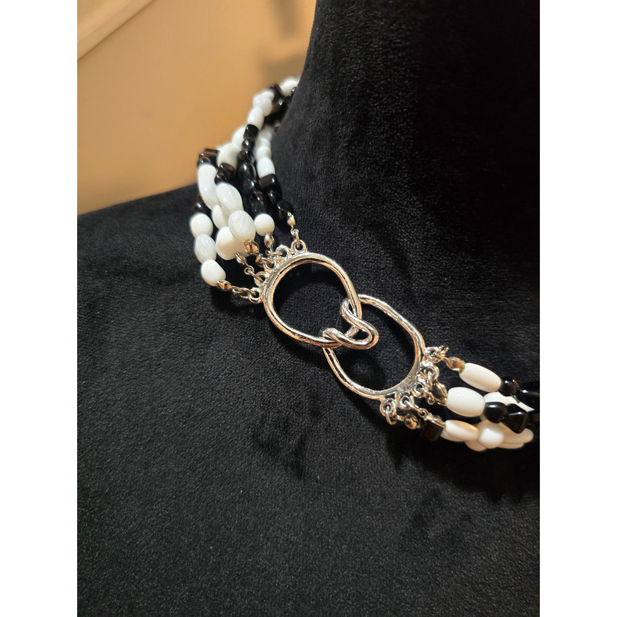 Women's Black White Beaded Multi Strand Necklace Chunky Statement Toggle Clasp