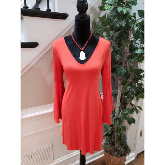 LOFT Womens Orange Solid Rayon Long Sleeve V-Neck Knee Length Dress Petite Small