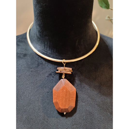 Carol for Eva Graham Wooden Pendant with Gold Choker and Matching Earrings
