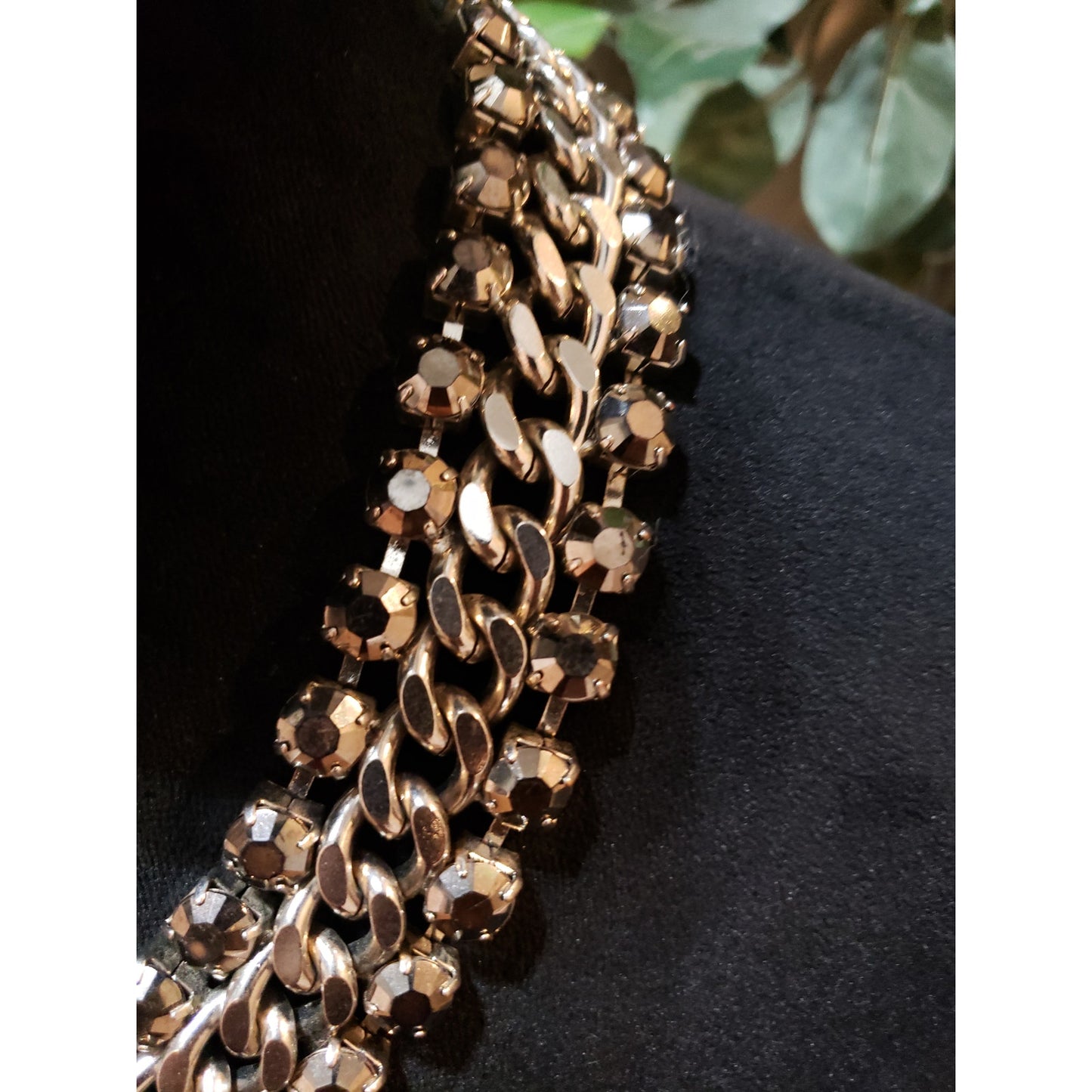 Womens Copper Tone Double Link Rhinestones Trim on Curb Chain Collar Necklace