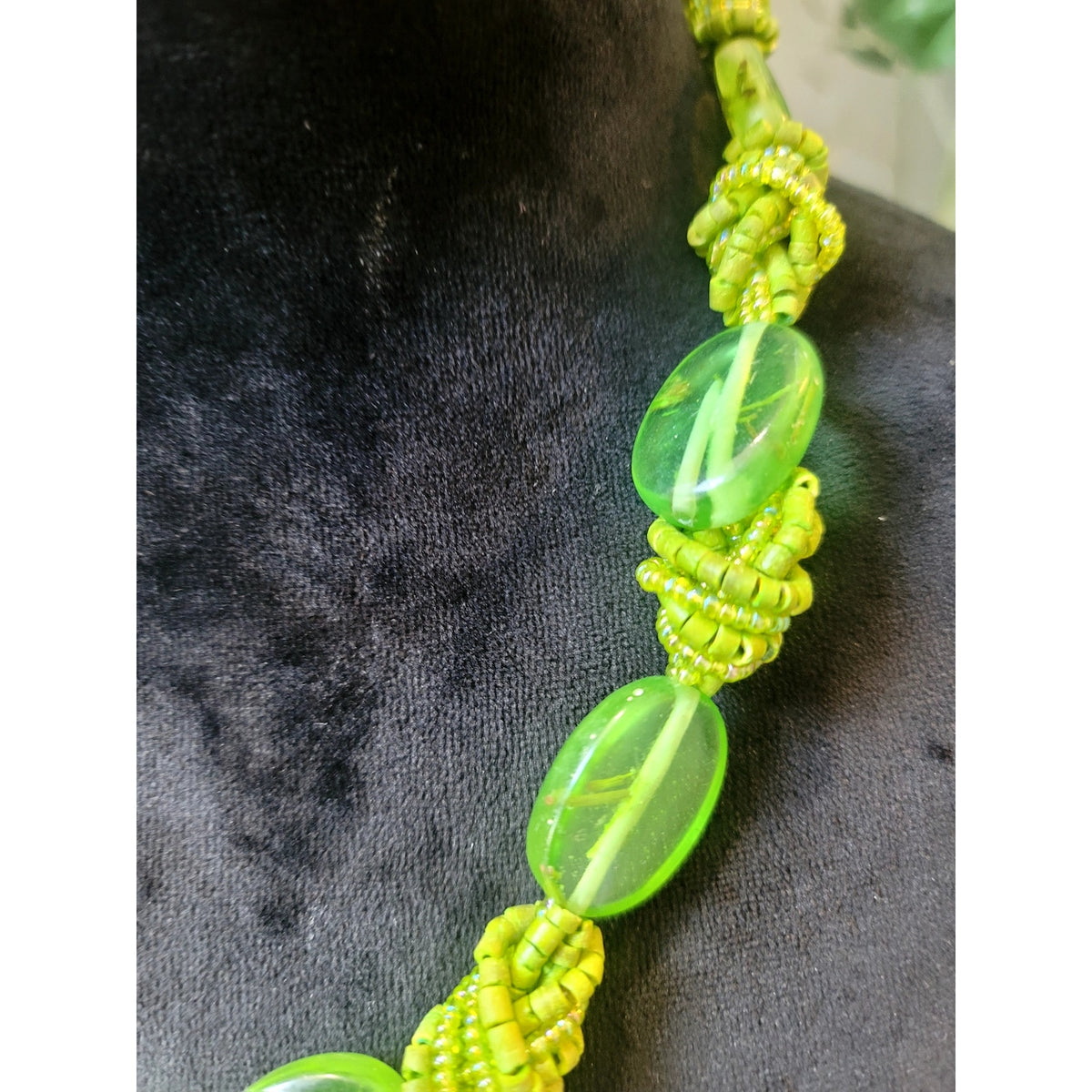 Lime Green Acrylic Oval Bead Statement Necklace Knotted Cord Chunky Boho