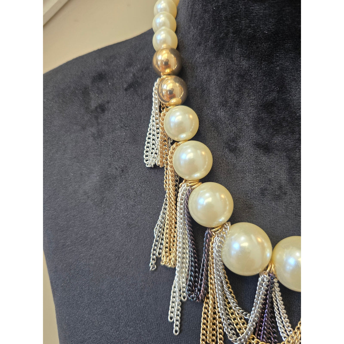 Cream Faux Pearls Beaded Multi-tone Tassel Chain Fringe Statement Necklace