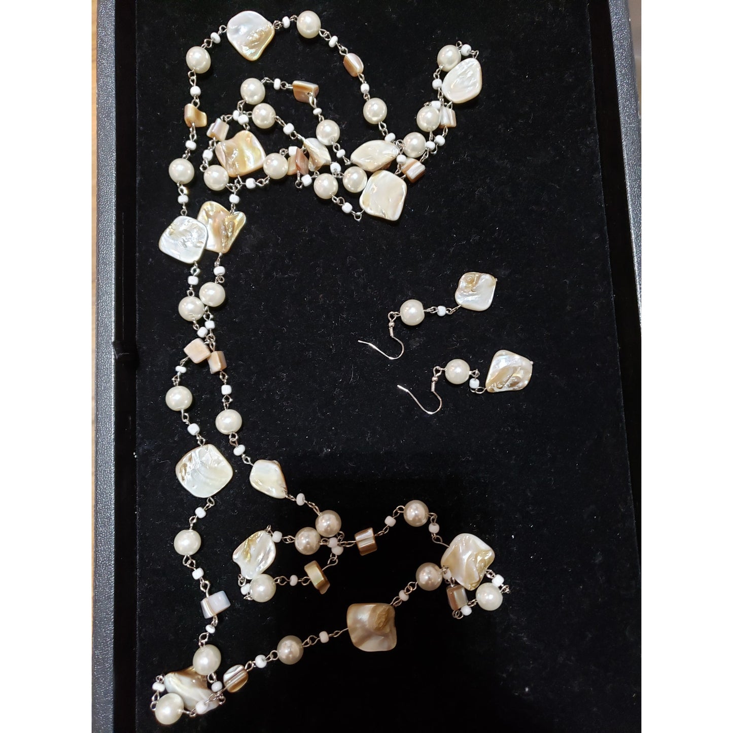 Womens Silver Oyster Shells Faux Pearl Blister Beads Long Necklace w/ Earrings